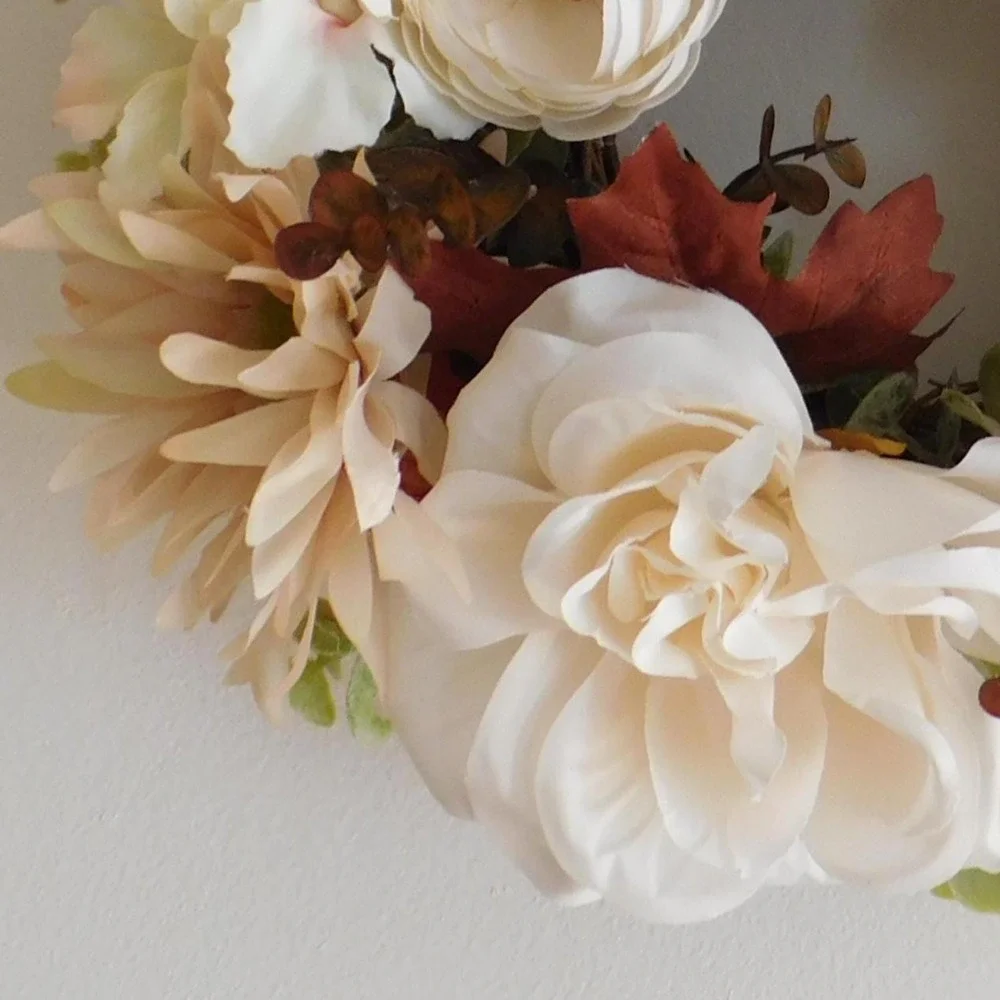 15 Inch Autumn Floral Wreath Fall Candle Ring Table Cream Rose Mauve Hydrangea